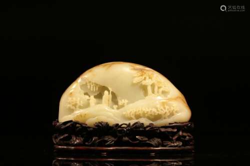 Chinese White Jade Carved Mountain w Stand