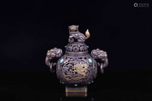 Chinese Silver Cover Censer w Lapis&Turquoise