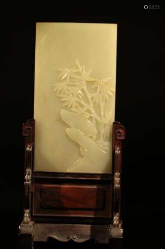 Chinese White Jade Table Screen  w Wood Base