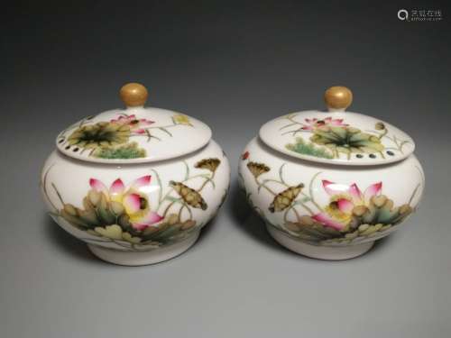 Pair of Chinese Famille  Rose Cover Box