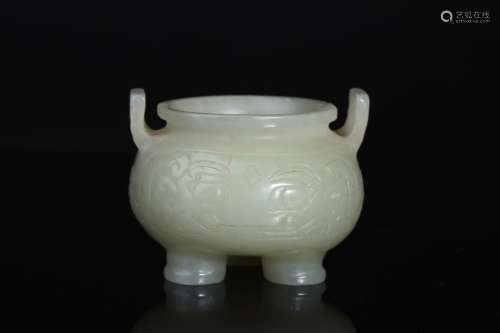 Chinese White Jade Carved Triple Feet Censer