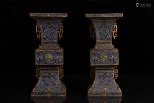 Qing, Pair of Chinese Cloisonne Enamel Gu Vase