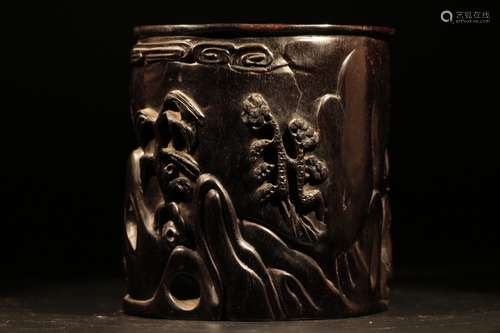 Qing Chinese Zitan BrushPot ,  Landscape Carving