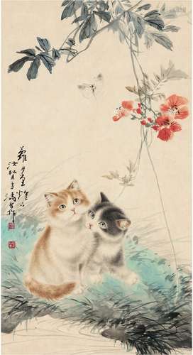 王雪涛（1903～1982）曹汝贤（1906～1977） 花溪猫蝶图