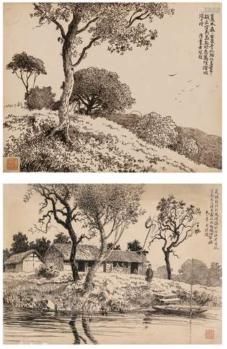 陈抱一（1893～1945） 为《大共和画报》作  夏日初升图·邻水酒家图