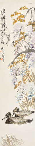 南海岩 壬申（1992） 紫藤游鸭 设色纸本 立轴