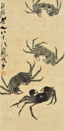 齐白石 戊子（1948） 螃蟹 设色纸本 卷轴
