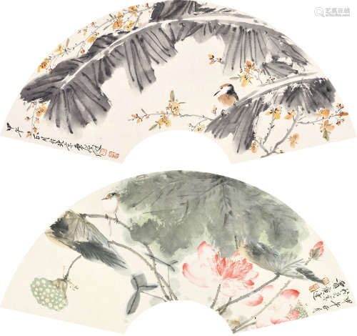贾广健 甲午（2014） 花鸟扇面两幅 设色纸本 软片