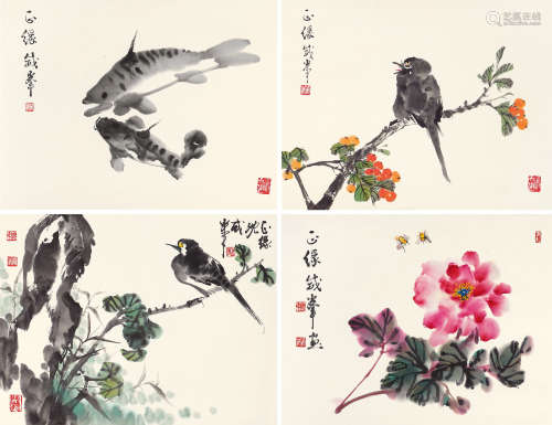沈威峰（b.1965） 花鸟 （四帧） 镜片 设色纸本