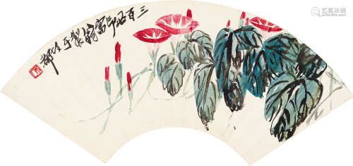齐白石（1864～1957） 牵牛花 扇片 设色纸本