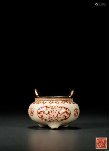 清·大清乾隆年制款铜胎画珐琅寿字纹桥耳炉