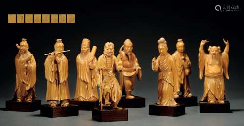 近代·国权款黄杨木雕八仙立像一组八件