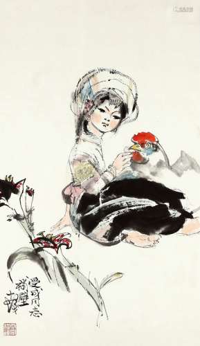 程十发（1921～2007） 吉祥少女 镜框 设色纸本