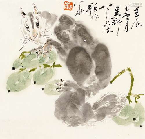 颜梅华（b.1927） 2012年作 藤瓜松鼠图 镜框 设色纸本