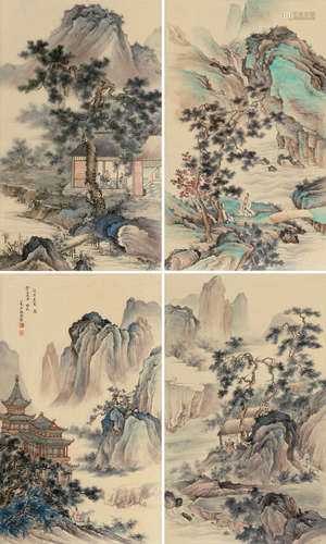 王心竟（1909～1954） 戊寅（1938）年作 山水 四屏 立轴 设色绢本