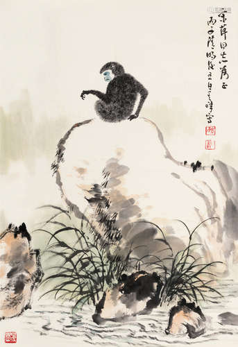 孙其峰（b.1920） 丙子（1996）年作 猴趣图 立轴 设色纸本