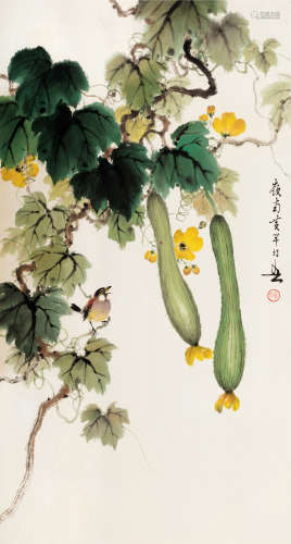 黄幻吾（1906～1985） 丝瓜小鸟 镜片 设色纸本