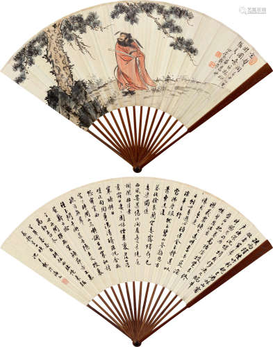 溥儒（1896～1963）  沈尹默（1887～1971） 松下钟馗·行书 成扇 设色纸本