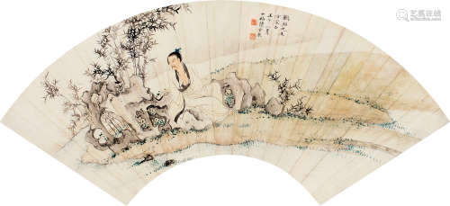 陈少梅（1909～1954） 壬午（1942）年作 竹石高士 扇面 设色纸本