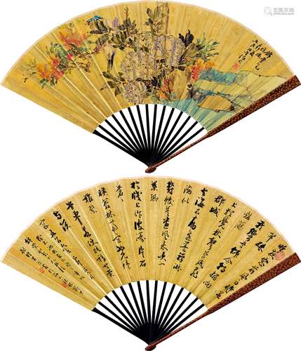 任伯年（1840～1895）  吴淦（1839前～？） 己卯（1879）年作 芙蓉双禽.行书 成扇 设色金笺