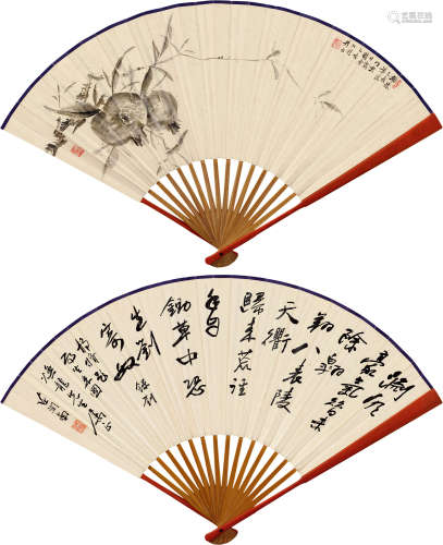 祁崑（1901～1944）  陈润南（#） 乙亥（1935）年作 多子图·行书 成扇 水墨纸本