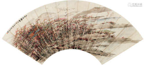 姚华（1876～1930） 庚申（1920）年作 秋山萧寺 扇面 设色纸本