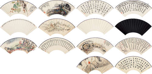 郑世芬（#）  王康乐（1907～2006）等 山水书法扇面八张 七层舒莲记空白扇面五张 扇面 纸本