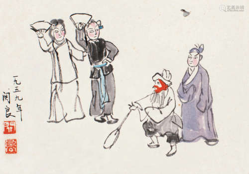 关良（1900～1986） 1959年作 戏剧人物 镜片 设色纸本