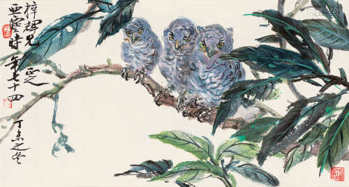 汪亚尘（1894～1983） 丁未（1967）年作 猫头鹰 横批 设色纸本