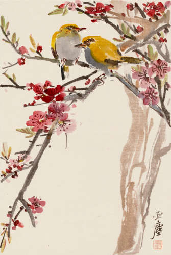 汪亚尘（1894～1983） 桃花双鹊 镜片 设色纸本
