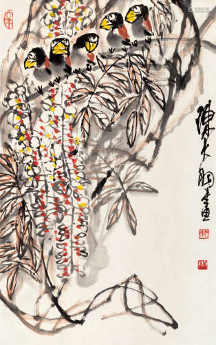 陈大羽（1912～2001） 紫藤蜡嘴 镜片 设色纸本