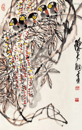 陈大羽（1912～2001） 紫藤蜡嘴 镜片 设色纸本