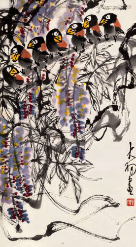 陈大羽（1912～2001） 花间栖禽 立轴 设色纸本