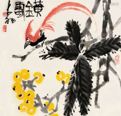 陈大羽（1912～2001） 黄金寿 镜片 设色纸本
