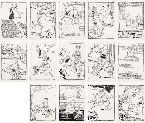 程十发（1921～2007）  程多多（b.1947） 《二王练字》画稿 镜片 （十四开） 纸本