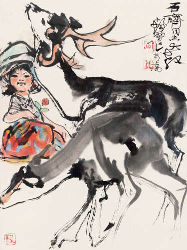 程十发（1921～2007） 少女与鹿 镜框 设色纸本