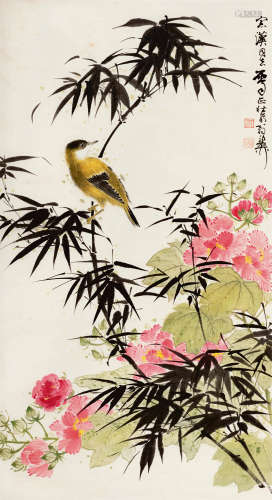 谢稚柳（1910～1997） 芙蓉竹雀 立轴 设色纸本