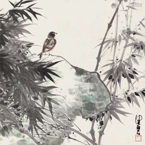 陈佩秋（b.1923） 竹石栖禽 立轴 设色纸本