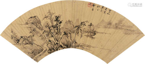 祁豸佳（1594～1683） 山居图 扇面 水墨金笺
