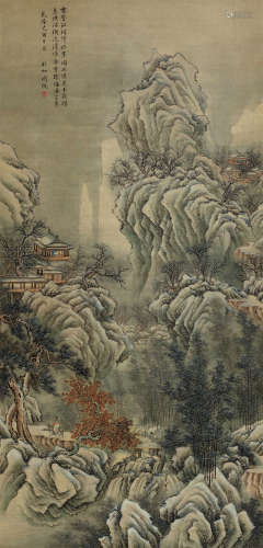 关槐（清） 己酉（1789）年作 雪屋迎客图 立轴 设色绢本