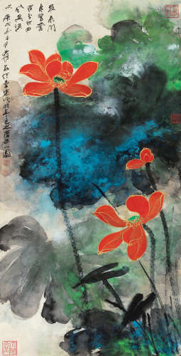 张大千（1899～1983） 庚戌(1970)年作 泼彩红荷 镜片 设色纸本