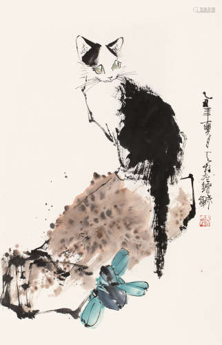 秦天柱 猫设色 纸本 镜片 乙丑 1985年