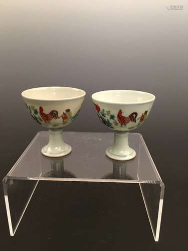 A Pair Chinese Doucai Chicken Porcelain Cups