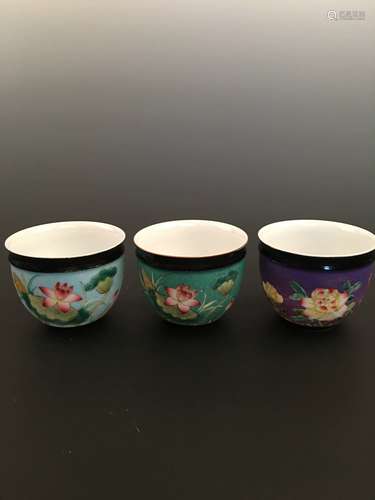 3 Pieces Chinese Famille Rose Lotus Cup