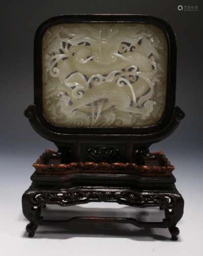 CHINESE WHITE JADE DRAGON TABLE SCREEN