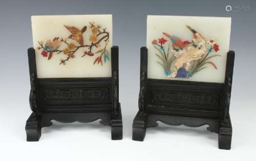 PAIR OF WHITE JADE BIRD TABLE SCREENS