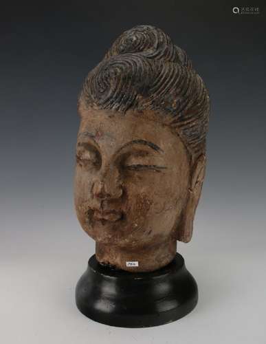 WOOD CARVED BUDDHA HEAD ON STAND