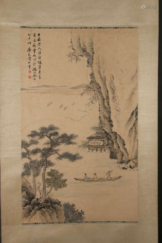 SCROLL OF BOAT ON LAKE WITH TEMPLE