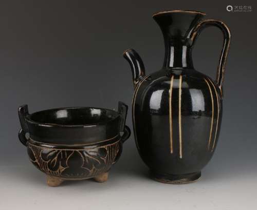 BLACK GLAZED PITCHER & CENSER