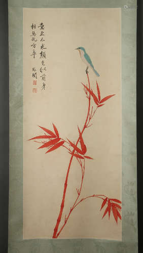 SCROLL OF BIRD ON RED BAMBOO